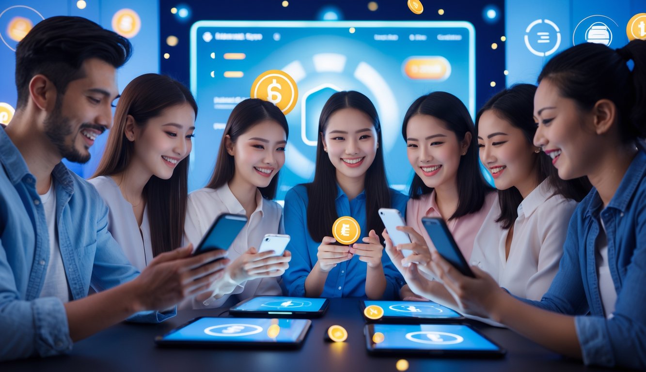 Sekelompok orang muda menggunakan ponsel dan tablet dengan ekspresi antusias di lingkungan digital yang modern, menunjukkan interaksi dengan platform promosi dan bonus online.