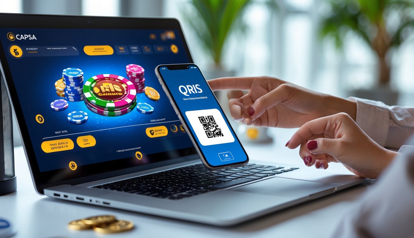 Seseorang menggunakan laptop dan ponsel untuk bermain judi Capsa online dengan metode pembayaran QRIS.