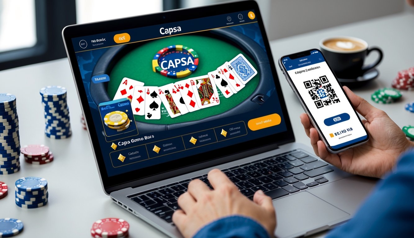Seorang pengguna sedang bermain judi Capsa online di laptop dengan ponsel di samping yang menampilkan kode QR untuk pembayaran cepat dan aman.