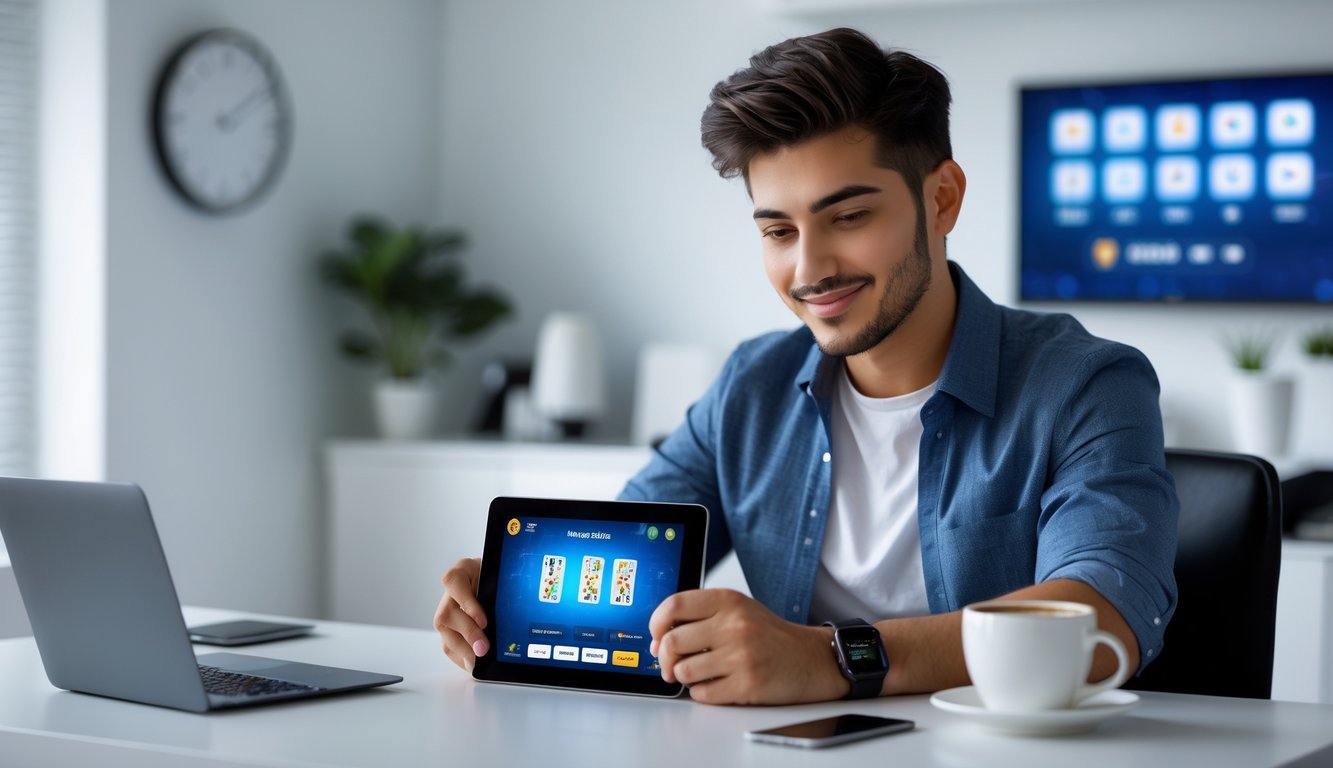 Seorang pria muda duduk di meja modern menggunakan tablet dengan tampilan permainan kartu online, di ruang kerja rumah yang rapi dan terang.