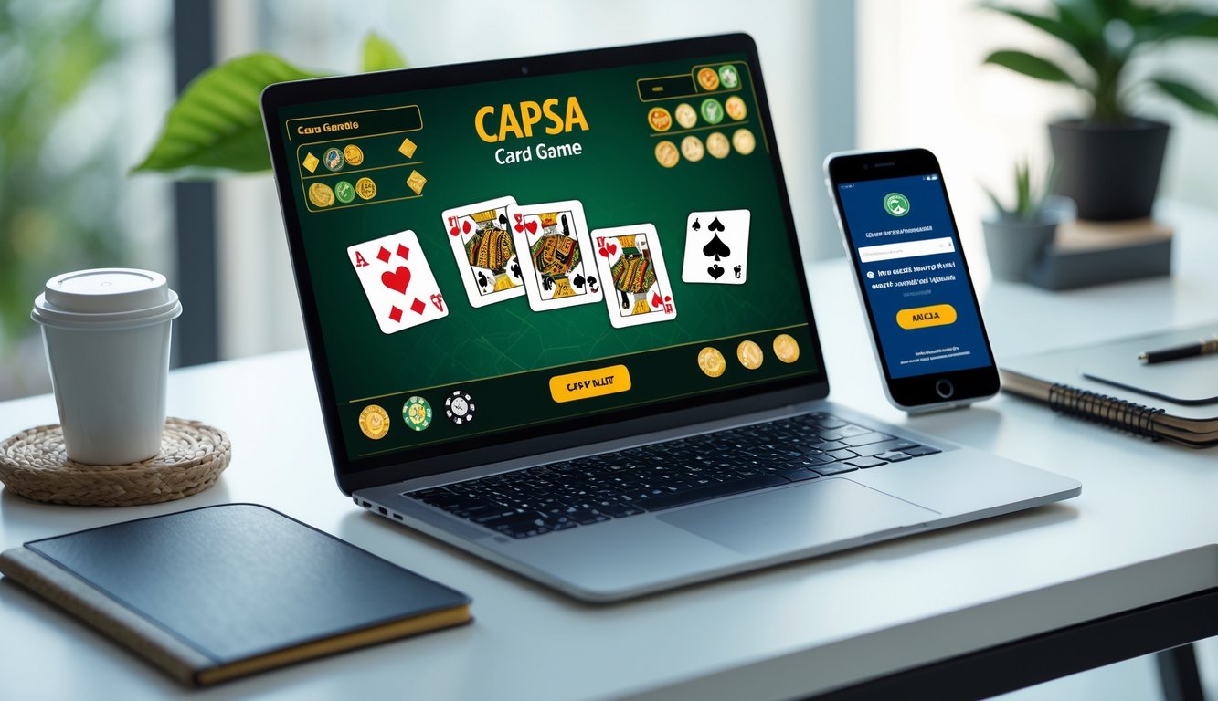 Seorang pengguna bermain judi Capsa online di laptop dengan ponsel menampilkan aplikasi e-wallet di meja kerja yang rapi.