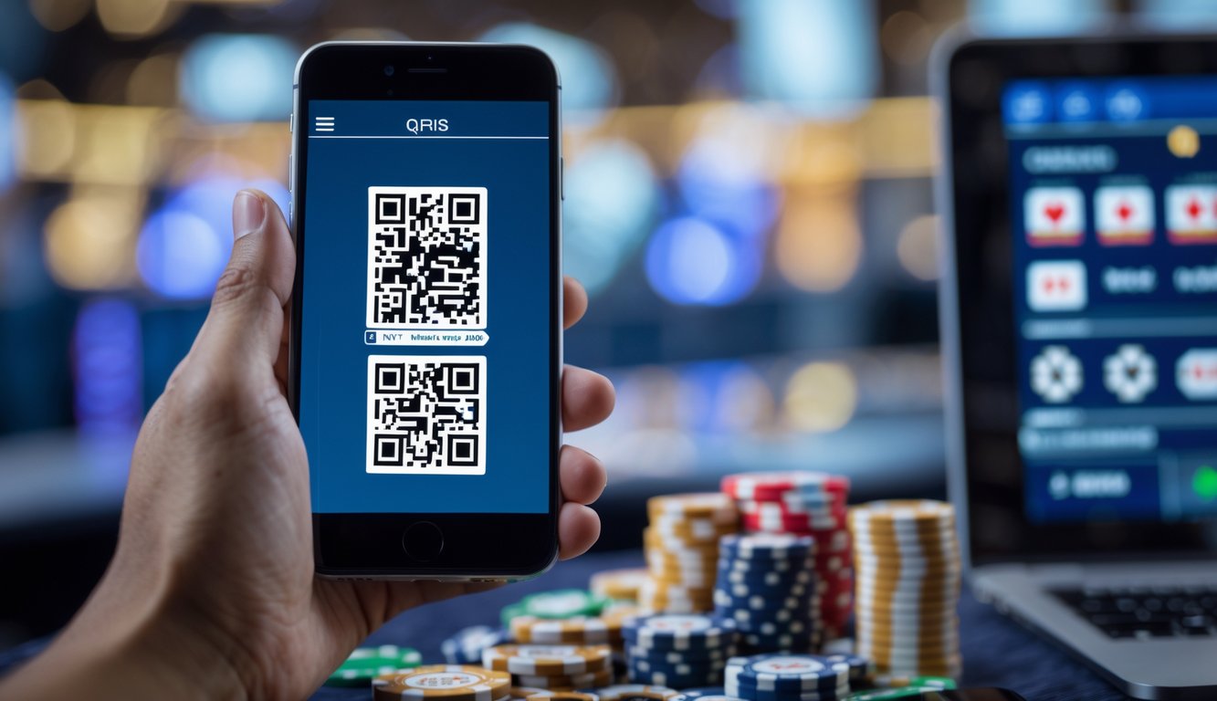 Tangan memegang smartphone yang menampilkan kode QR dengan latar belakang elemen permainan kartu dan chip poker yang samar.