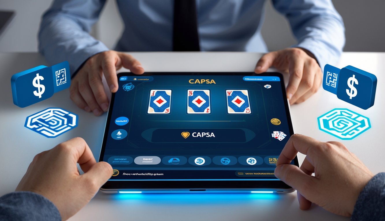 Seseorang menggunakan laptop yang menampilkan permainan kartu Capsa online dengan ikon QR code dan dompet digital di latar belakang.