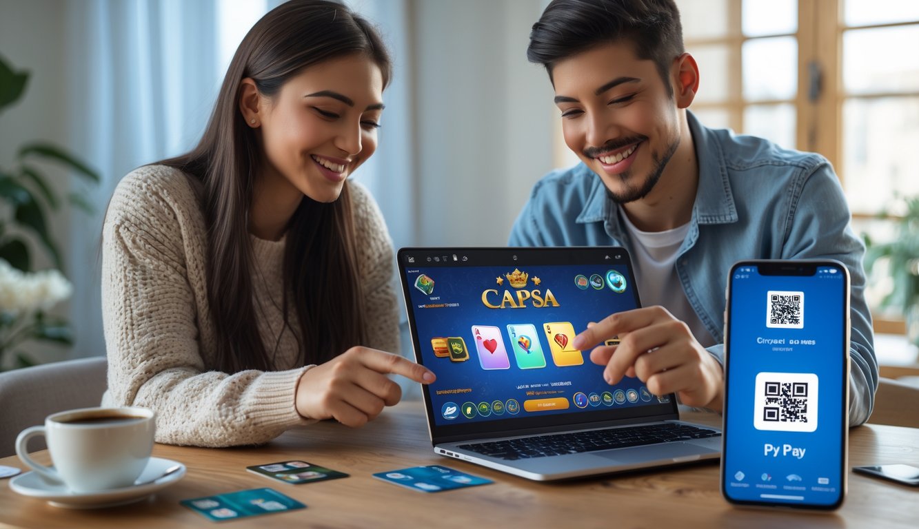 Dua orang muda bermain permainan kartu online di laptop dengan ponsel menampilkan kode QR di meja.