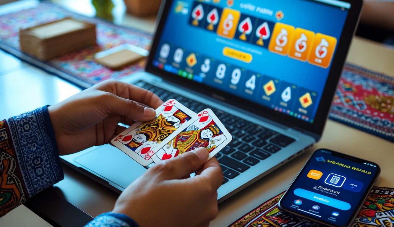 Tangan memegang kartu Capsa di depan layar perangkat digital yang menampilkan permainan Capsa online dan kode QRIS untuk pembayaran digital.