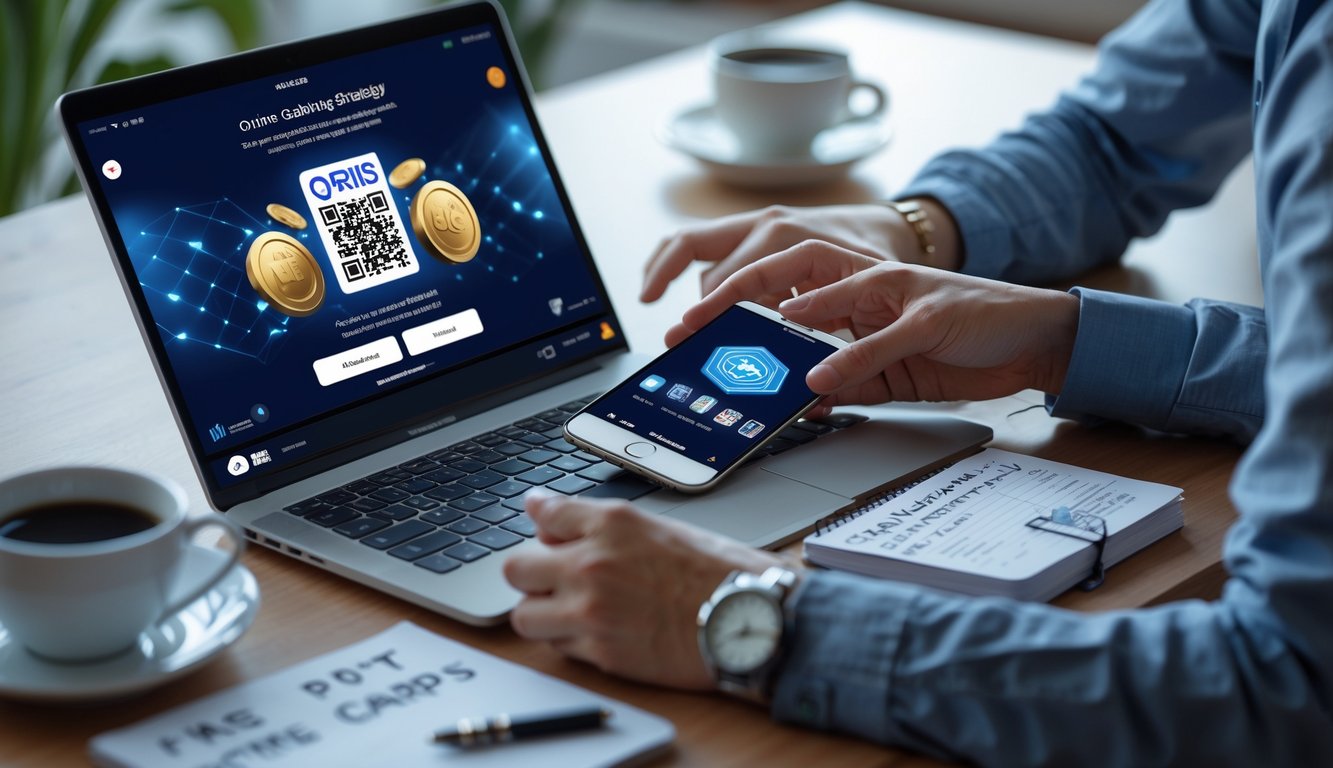 Meja kerja dengan laptop dan ponsel yang menampilkan permainan kartu Capsa dan tampilan pembayaran QRIS, dengan tangan seseorang yang sedang menggunakan perangkat tersebut.