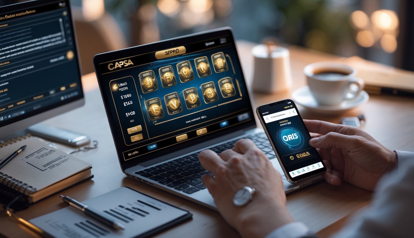 Seseorang menggunakan ponsel untuk melakukan deposit QRIS sambil bermain judi Capsa di laptop di meja kerja.