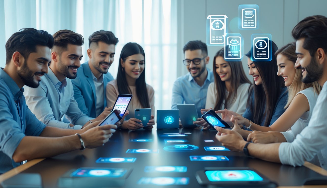 Sekelompok orang muda bermain Capsa online menggunakan tablet dan ponsel dengan ikon pembayaran digital di sekitar mereka.