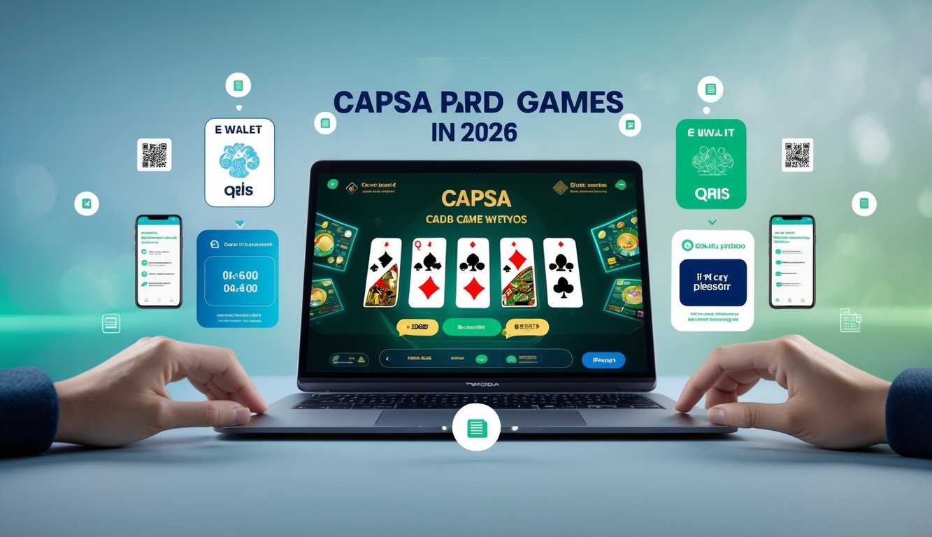 Seseorang menggunakan perangkat digital untuk bermain Capsa online dengan simbol pembayaran e-wallet dan QRIS di sekitar layar.