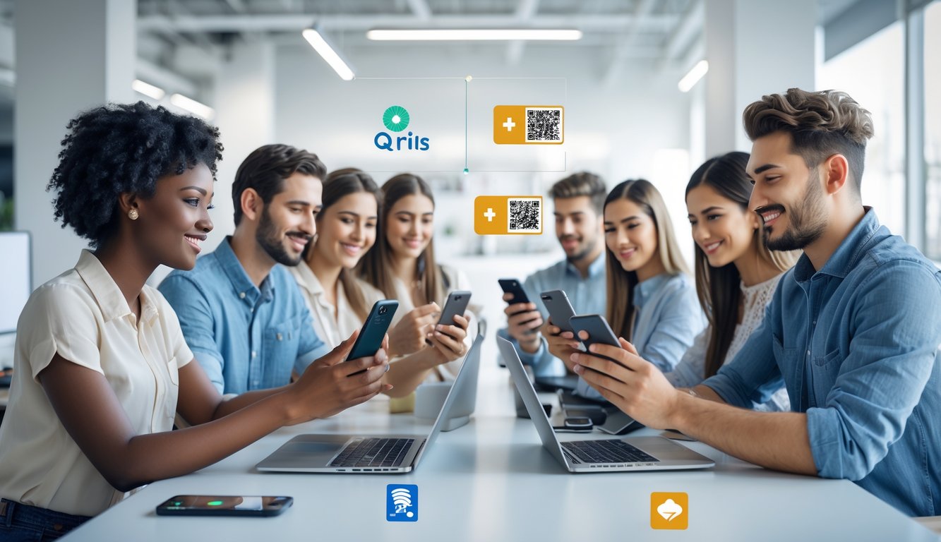 Sekelompok orang muda menggunakan ponsel dan laptop di kantor modern, menunjukkan aktivitas transaksi digital dan permainan kartu online.