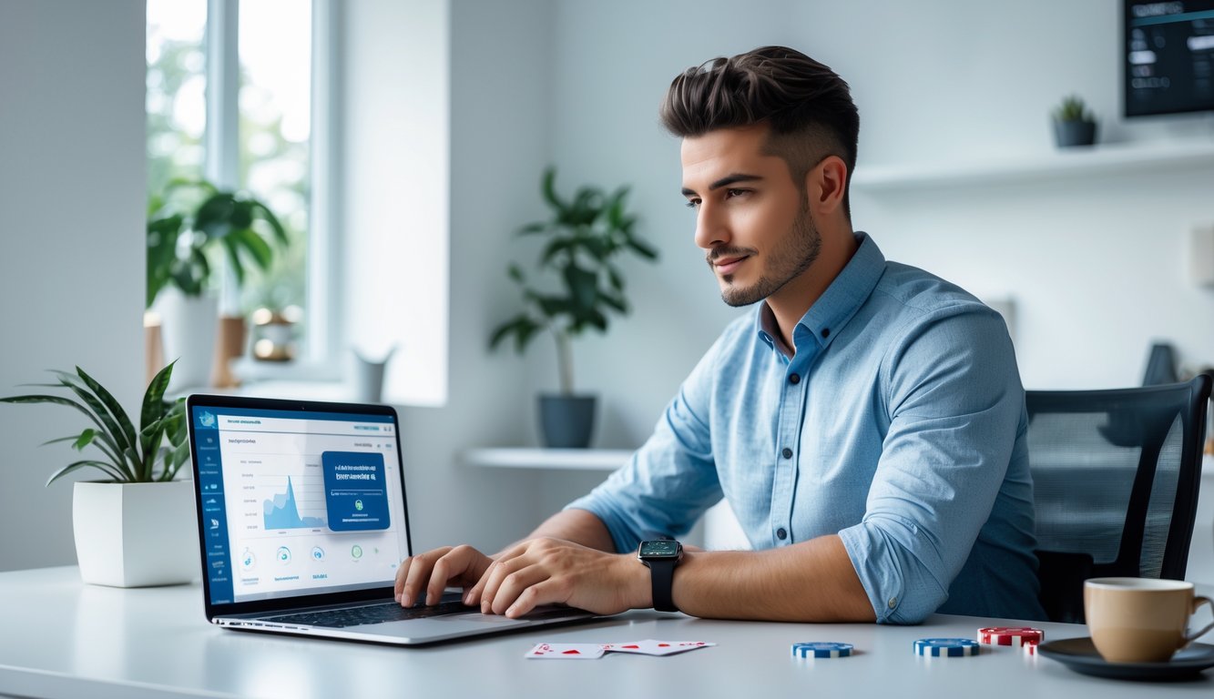 Seorang pria muda duduk di meja dengan laptop yang menampilkan dompet digital, di meja terdapat kartu remi dan chip poker.