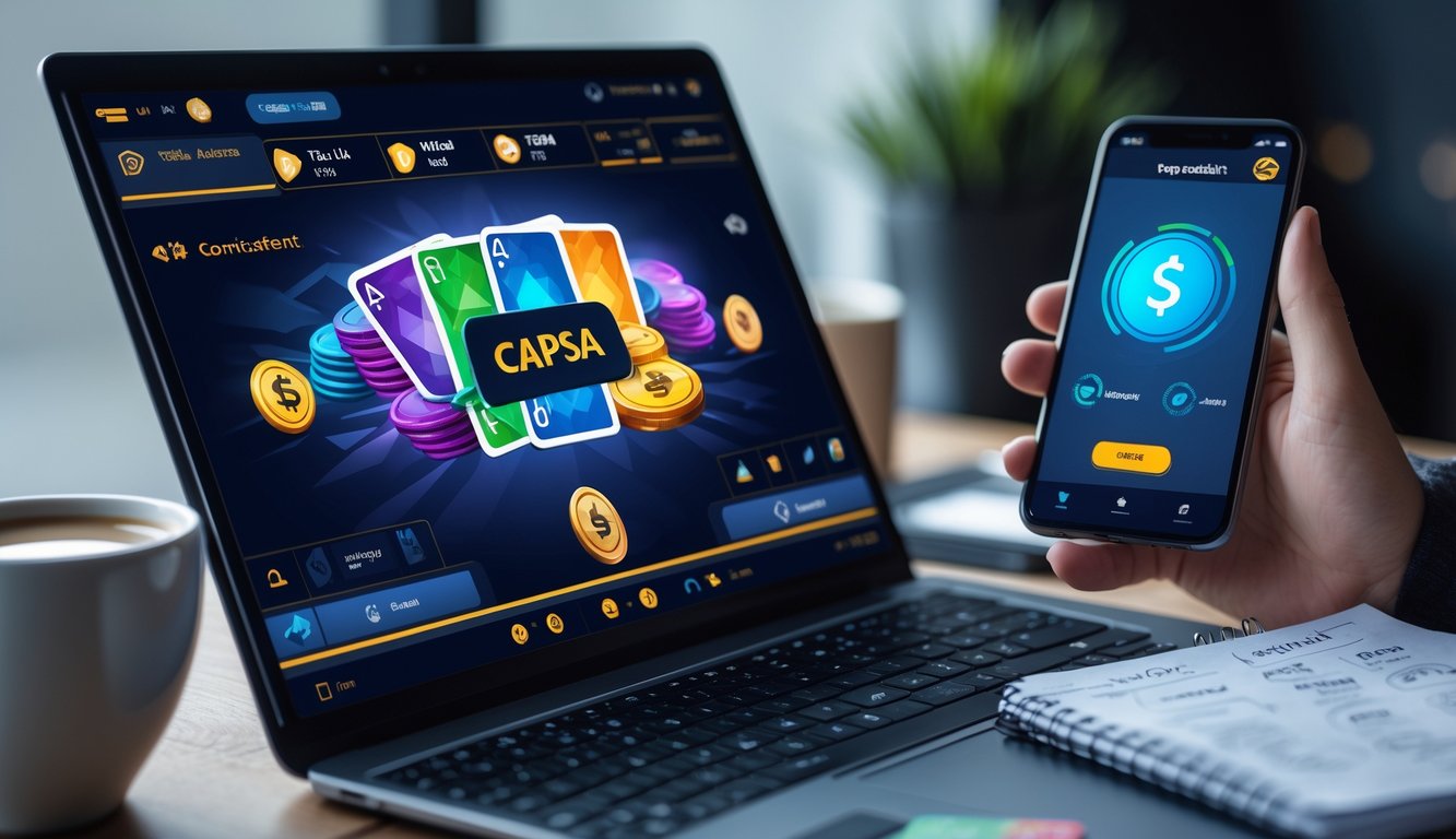 Seorang profesional menggunakan laptop dan ponsel untuk bermain kartu online dan melakukan transaksi e-wallet di meja kerja modern.