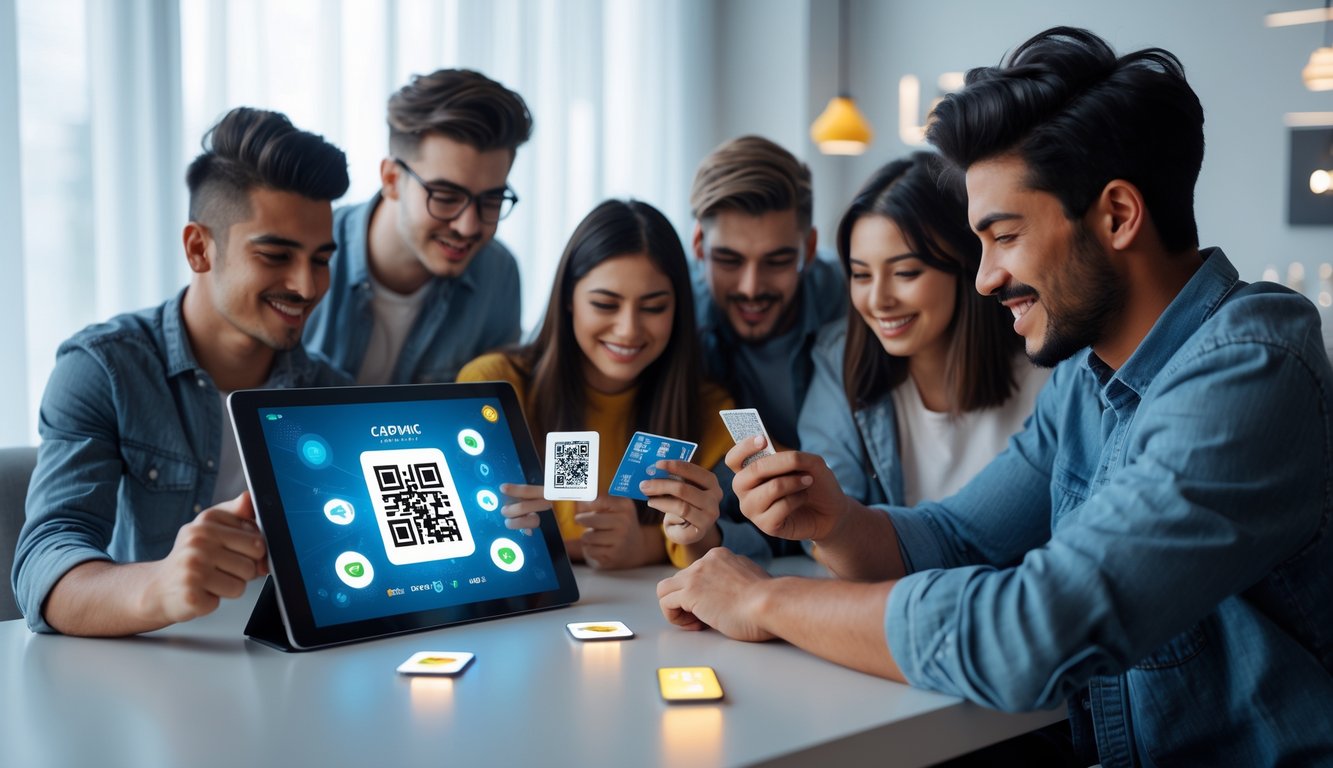 Sekelompok orang muda bermain permainan kartu Capsa secara online menggunakan perangkat digital dengan smartphone yang menampilkan kode QR dan ikon dompet elektronik di meja.