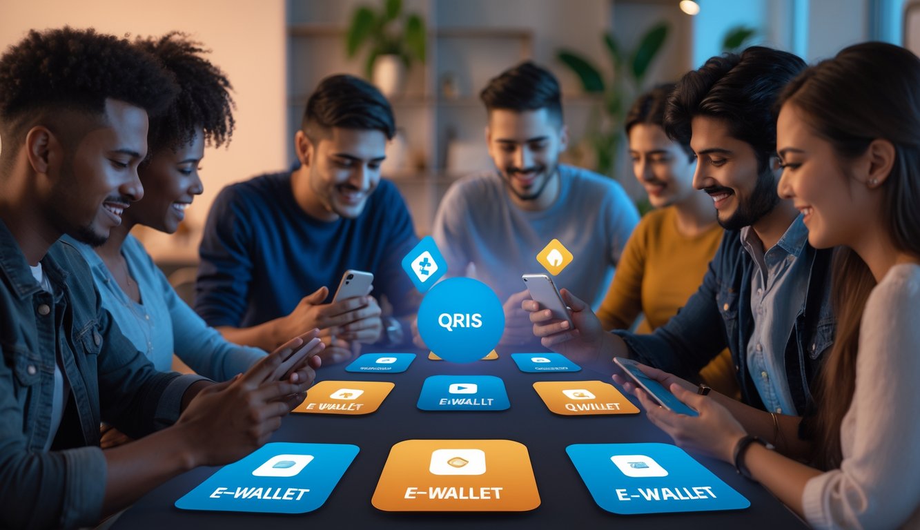 Sekelompok orang muda bermain permainan kartu online dengan perangkat digital dan menggunakan pembayaran QRIS dan e-wallet.
