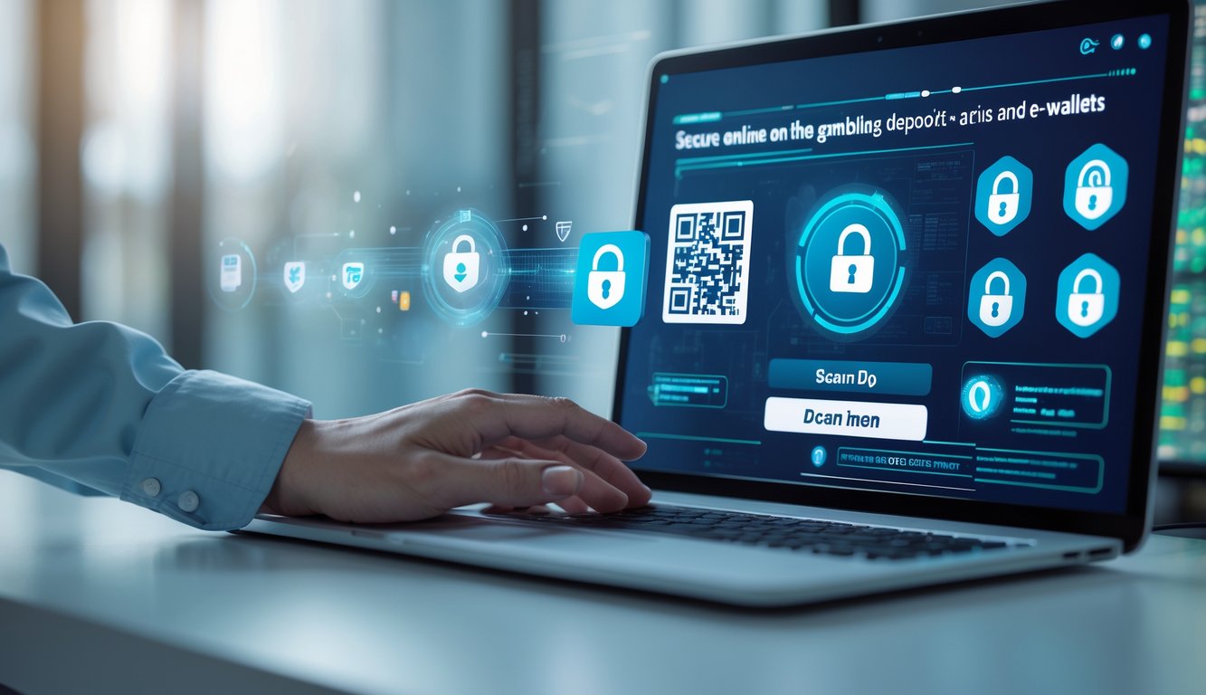 Orang menggunakan ponsel dan laptop untuk melakukan pembayaran aman dengan QRIS dan e-wallet dalam lingkungan digital yang modern.