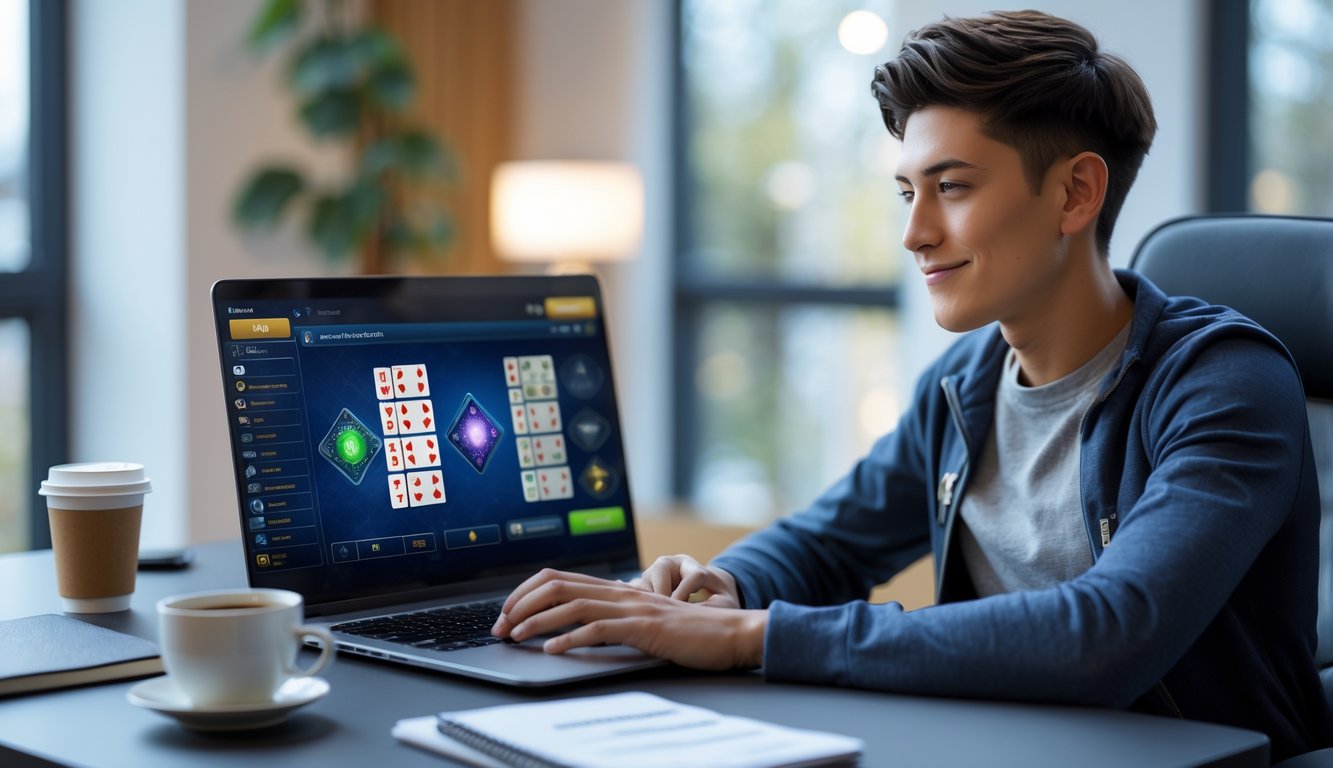 Seorang pria muda duduk di meja dengan laptop, fokus pada permainan kartu digital, di ruangan yang terang dan rapi.