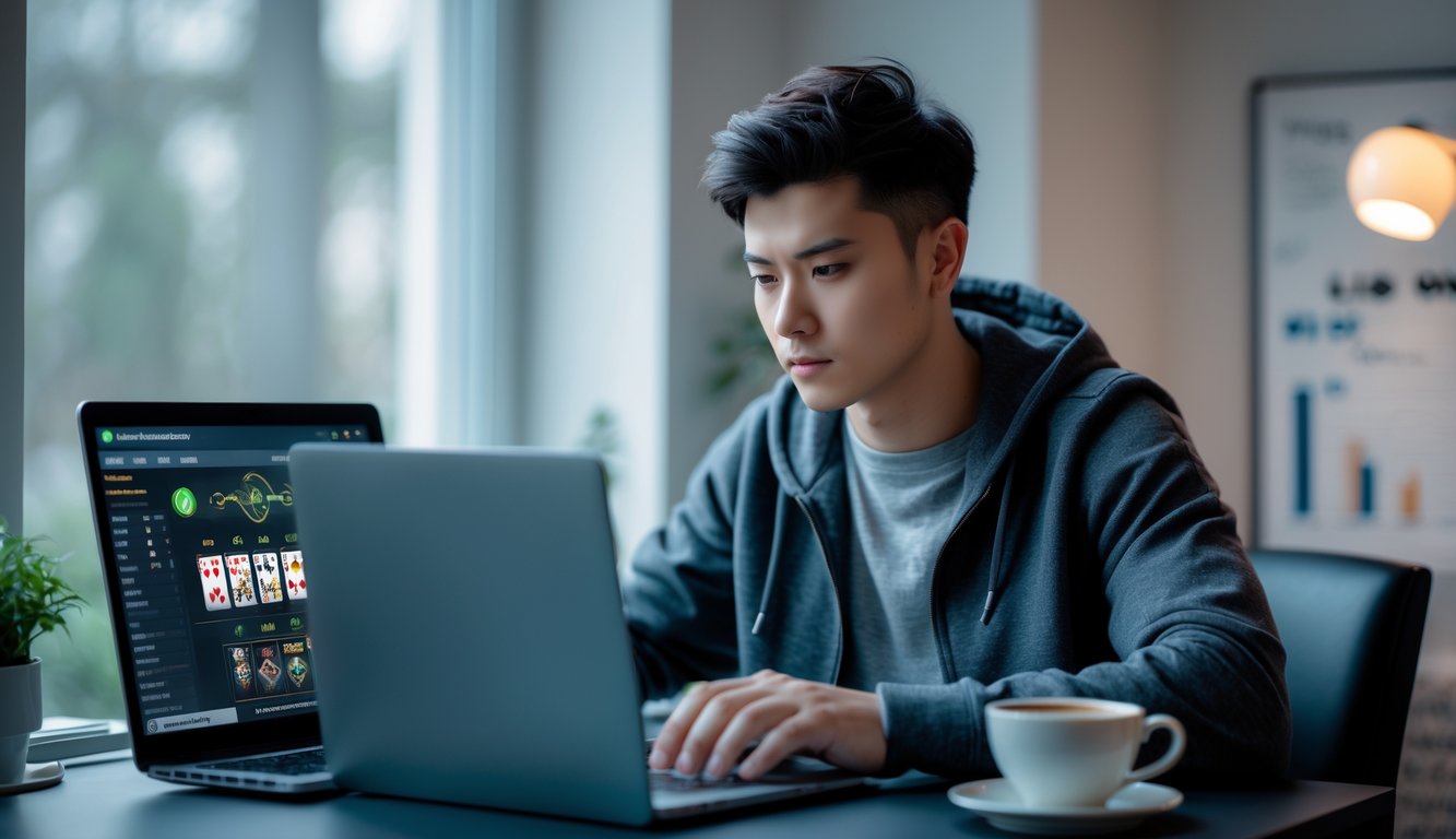 Seorang pria muda fokus bermain permainan kartu online di laptop di ruang yang nyaman dengan pencahayaan alami.