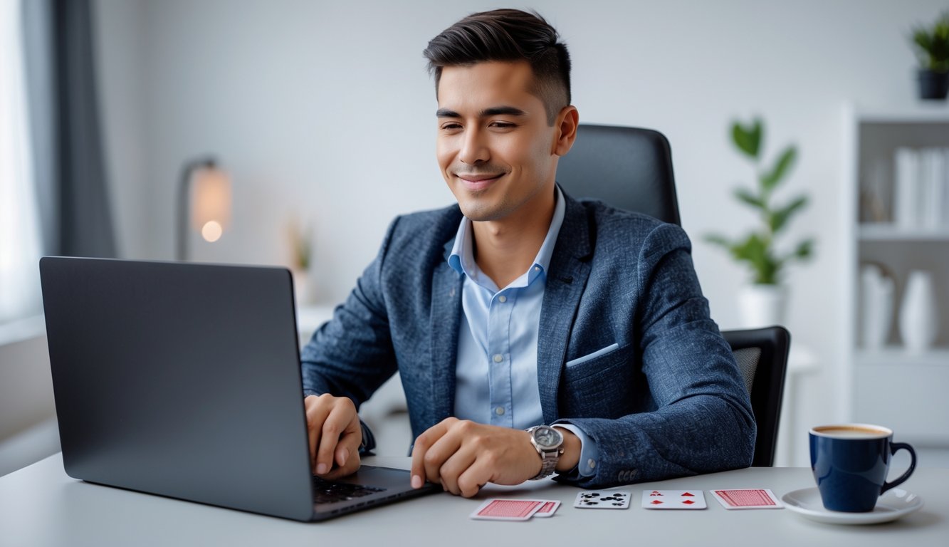 Seorang pria muda duduk di meja dengan laptop dan kartu poker, fokus bermain permainan kartu online.