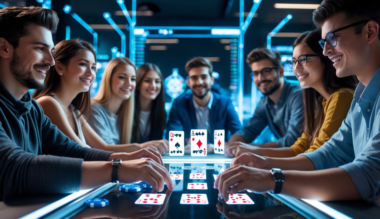 Beberapa orang muda sedang bermain kartu online bersama di meja digital dengan ekspresi fokus dan senang.