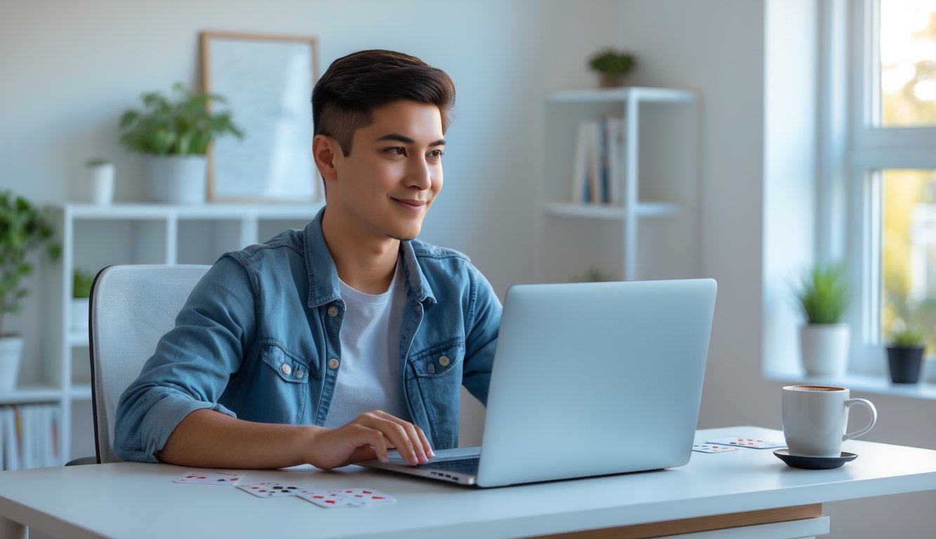Seorang dewasa muda duduk di meja dengan laptop terbuka, bermain kartu online di ruangan kantor rumah yang terang dan rapi.