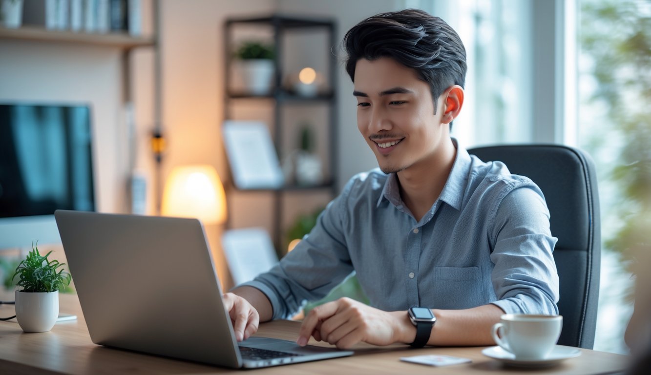 Seorang pria muda duduk di meja dengan laptop, fokus bermain permainan kartu online di ruangan yang nyaman dan terang.