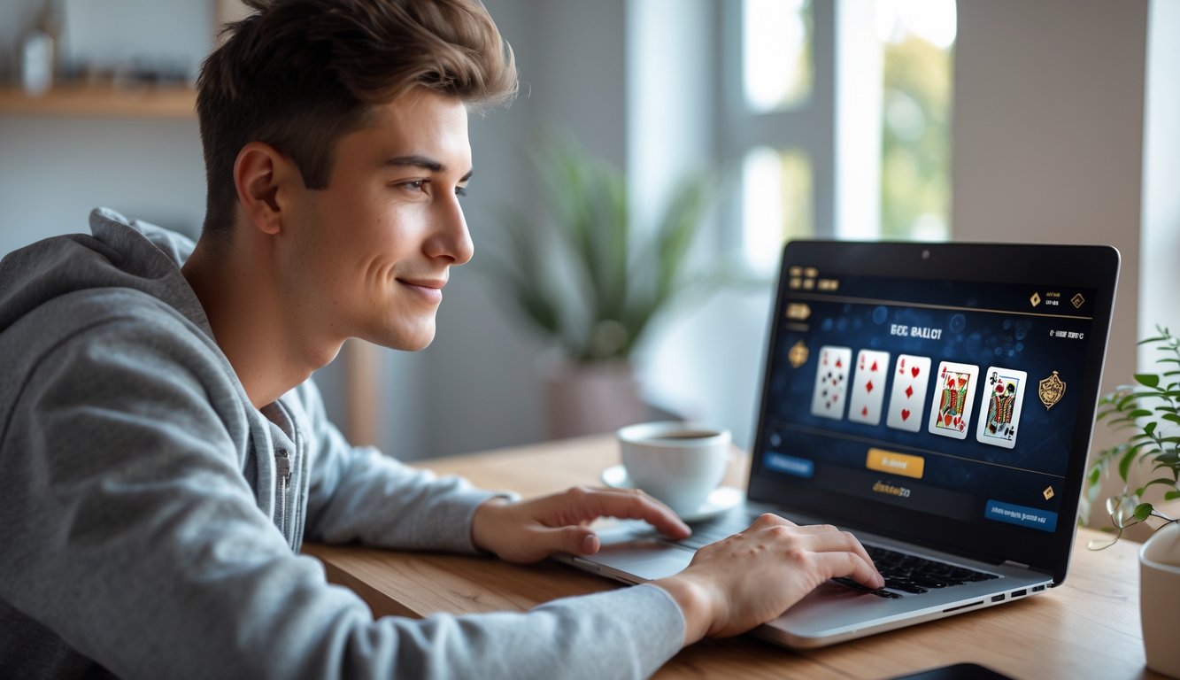 Seorang dewasa muda bermain permainan kartu online di depan laptop di dalam ruangan yang nyaman.