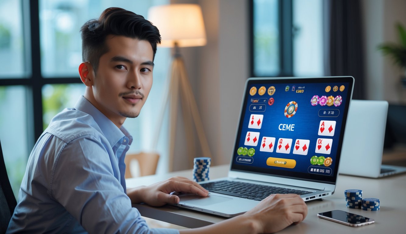 Seorang pria muda duduk di depan laptop bermain permainan kartu Ceme online dengan tumpukan chip di meja di ruangan yang terang dan rapi.