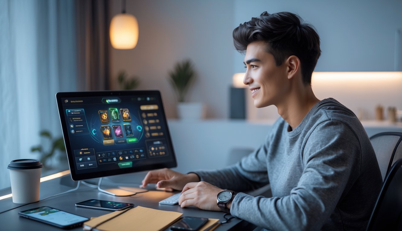 Seorang pria muda duduk di meja dengan laptop terbuka, fokus pada permainan kartu online di layar.