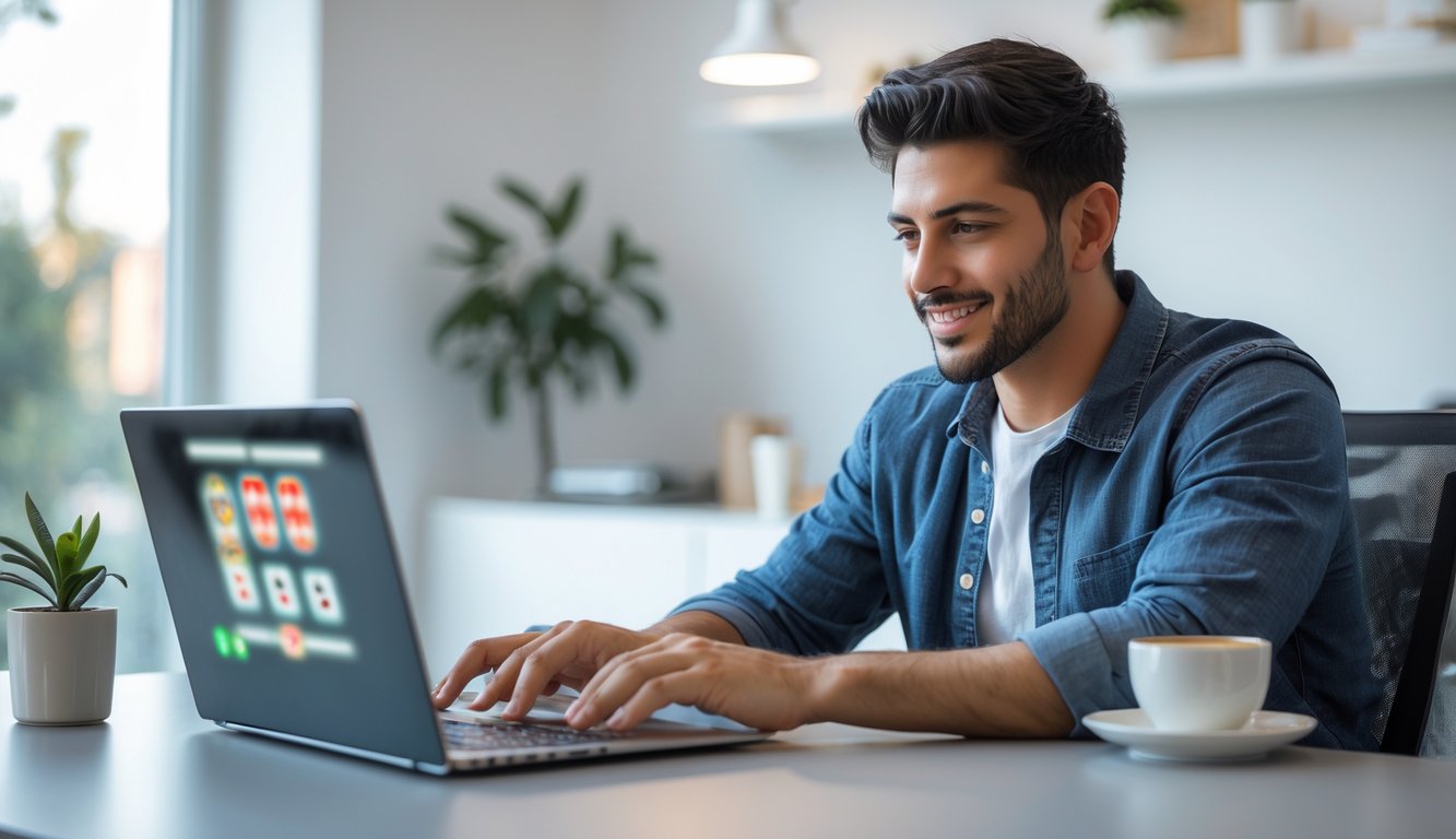 Seorang pria muda duduk di meja dengan laptop, fokus bermain permainan kartu online di ruang kerja yang rapi dan terang.