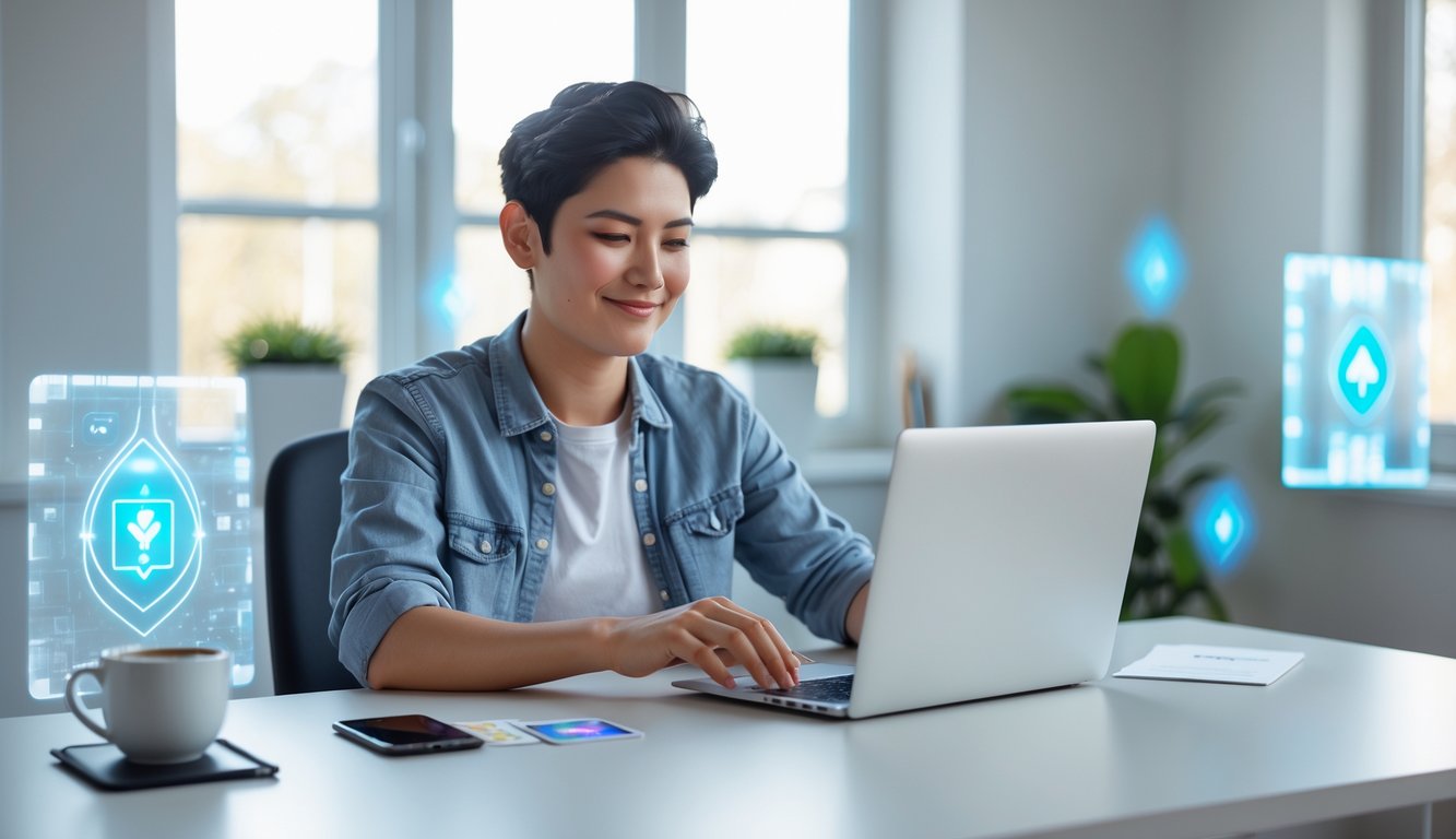 Seorang dewasa muda duduk di meja modern dengan laptop terbuka, bermain kartu online dengan fokus dan tersenyum, di ruang kerja rumah yang terang dan rapi.