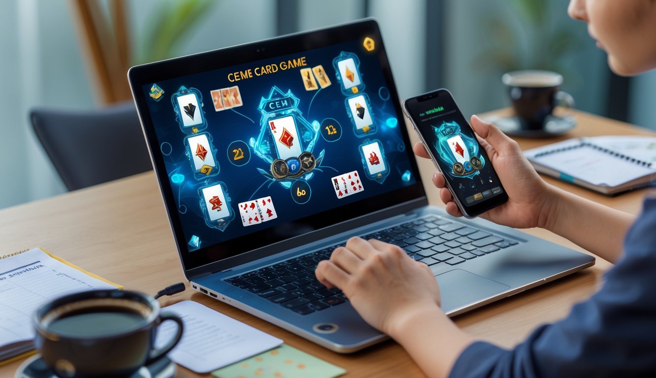 Seseorang menggunakan laptop dan ponsel untuk bermain kartu online di meja kerja dengan suasana belajar yang nyaman.