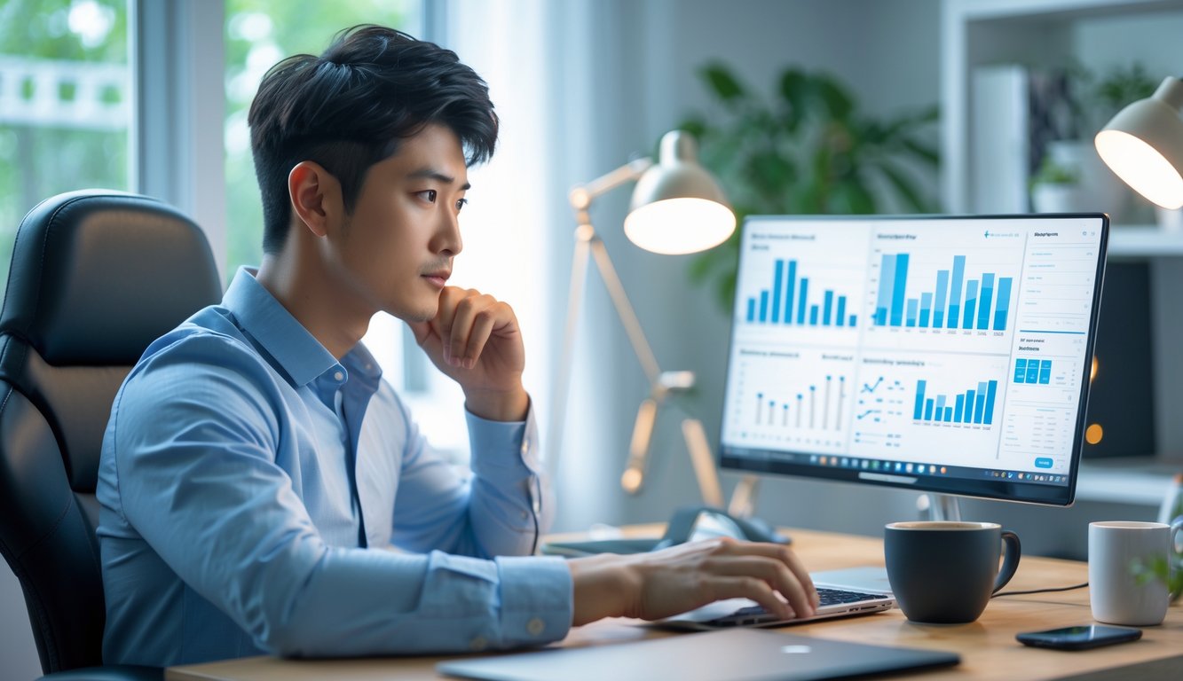 Seorang pria muda duduk di depan laptop di ruang kerja rumah yang terang, fokus menganalisis grafik dan data untuk strategi permainan online agar mendapatkan keuntungan maksimal.