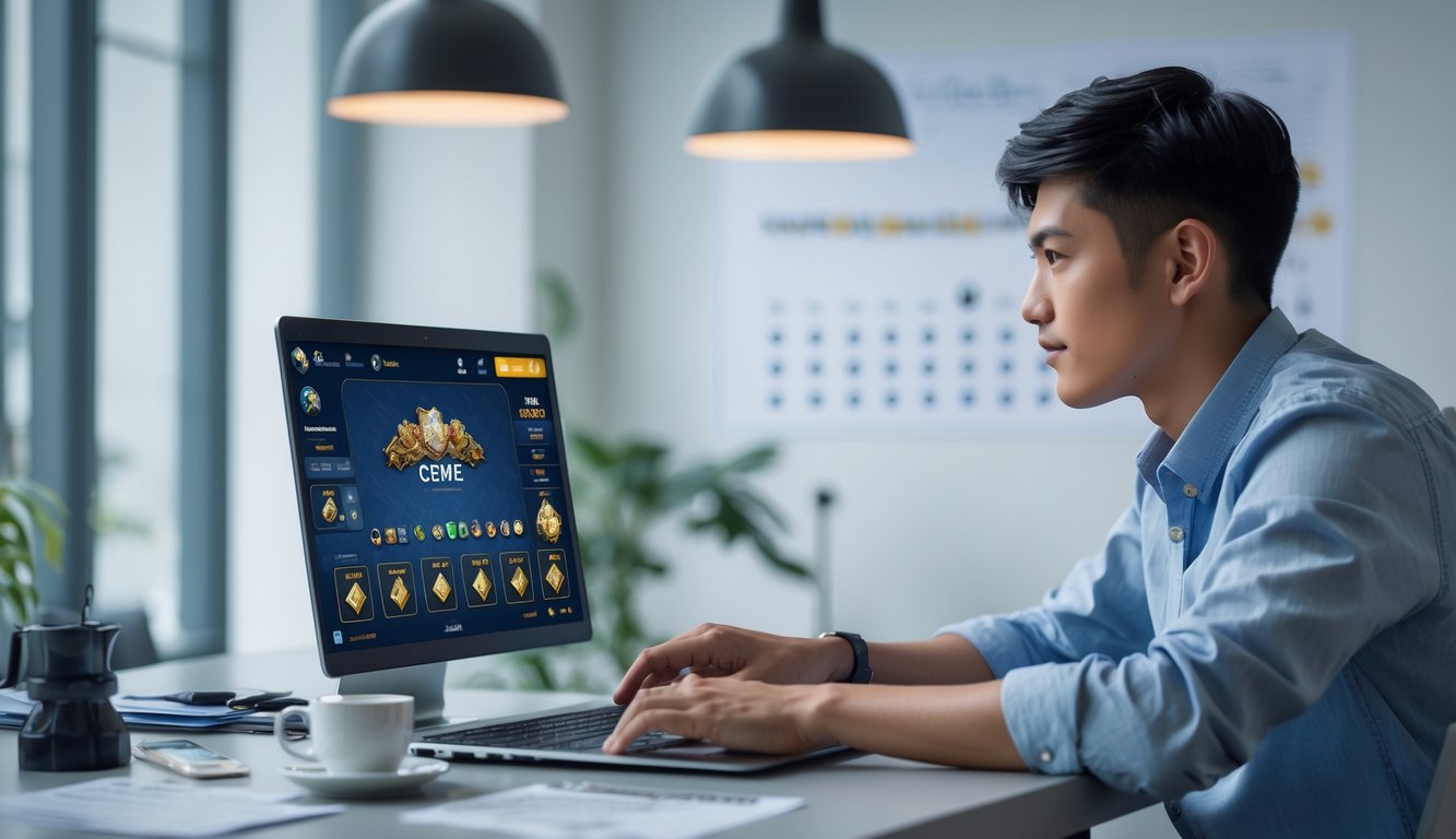 Seorang pria muda duduk di meja dengan laptop, fokus bermain permainan kartu online Ceme.