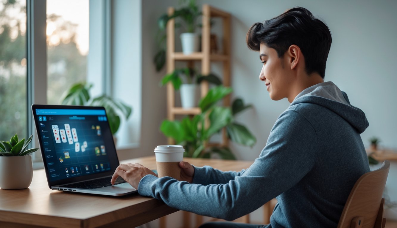 Seorang dewasa muda sedang bermain permainan kartu online dengan fokus di depan laptop di ruang tamu yang nyaman.
