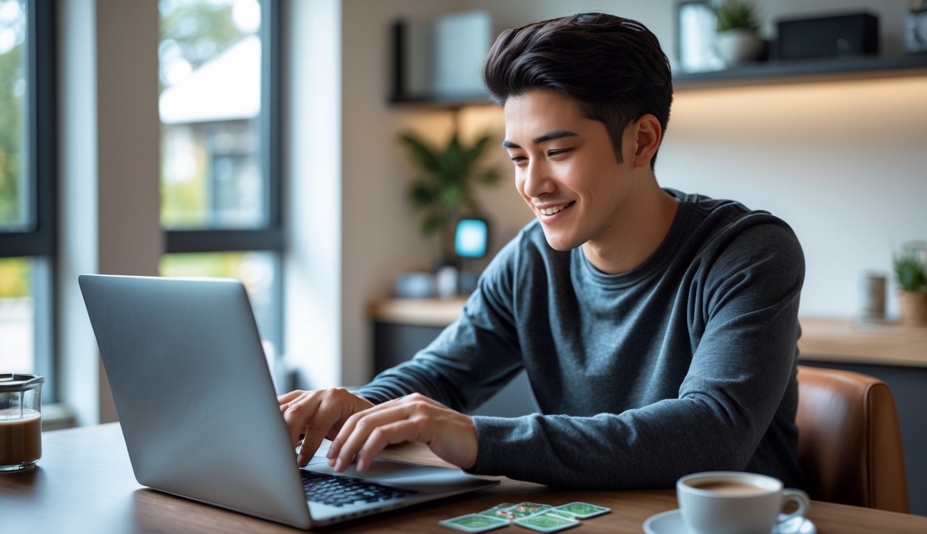 Seseorang duduk di meja dengan laptop, fokus bermain permainan kartu online dalam suasana nyaman dan tenang.