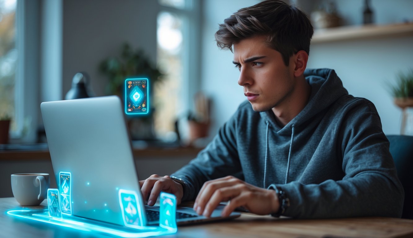 Seorang pria muda fokus bermain permainan kartu online di laptop di dalam ruangan yang nyaman.