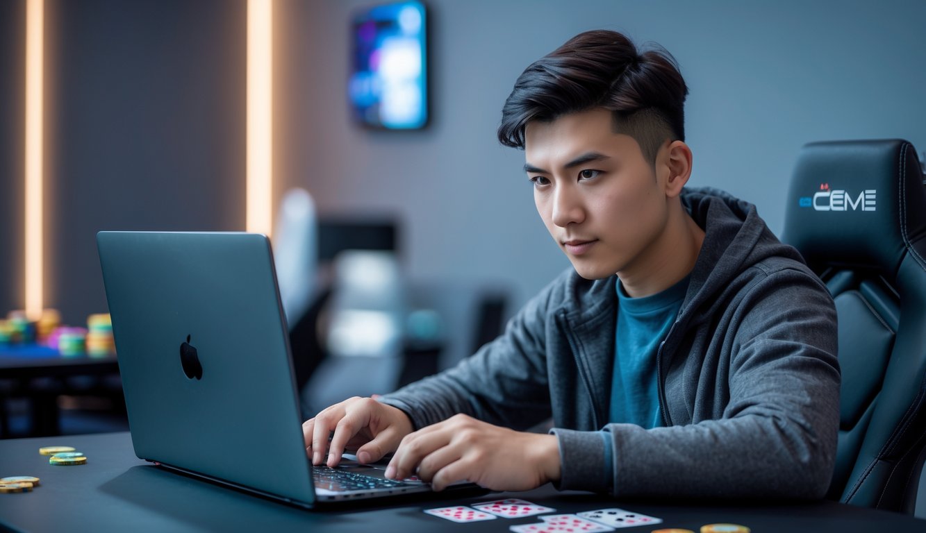 Seorang pria muda fokus bermain permainan kartu online di depan laptop di meja modern dengan kartu dan chip di sekitarnya.