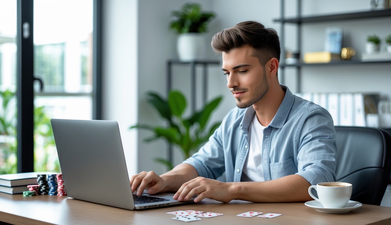 Seorang pria muda duduk di meja dengan laptop dan kartu remi, fokus bermain permainan kartu online di ruang kerja yang terang dan rapi.