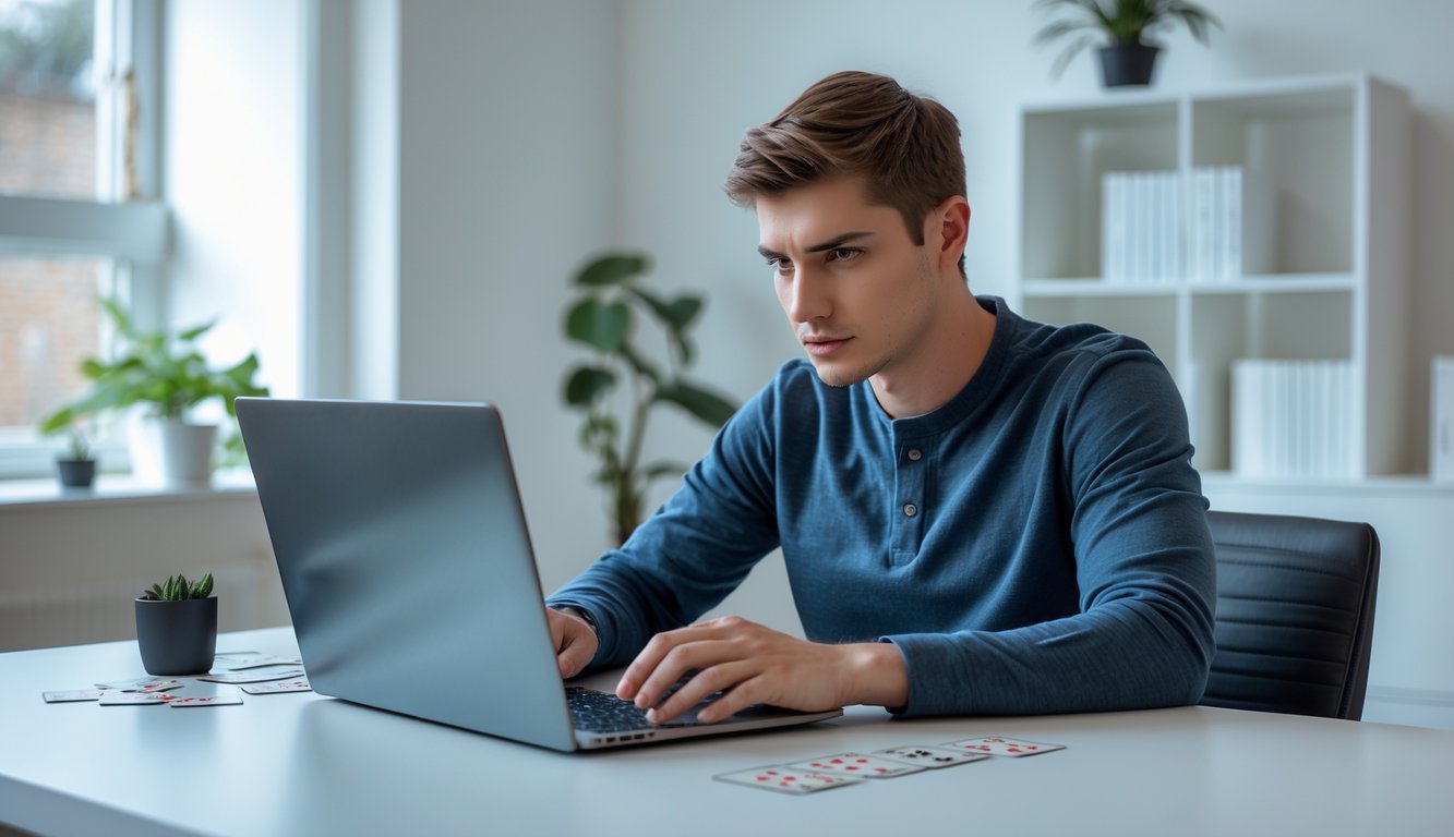 Seorang pria muda duduk di meja dengan laptop, bermain permainan kartu online dengan ekspresi fokus dan percaya diri di ruang kerja rumah yang rapi.