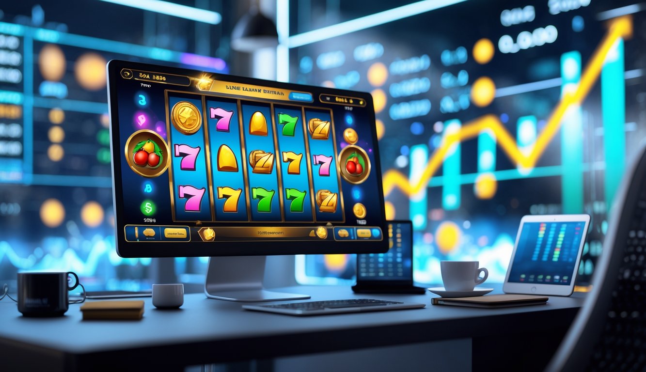 Sebuah meja kerja modern dengan komputer yang menampilkan permainan slot online dan grafik persentase RTP tinggi.