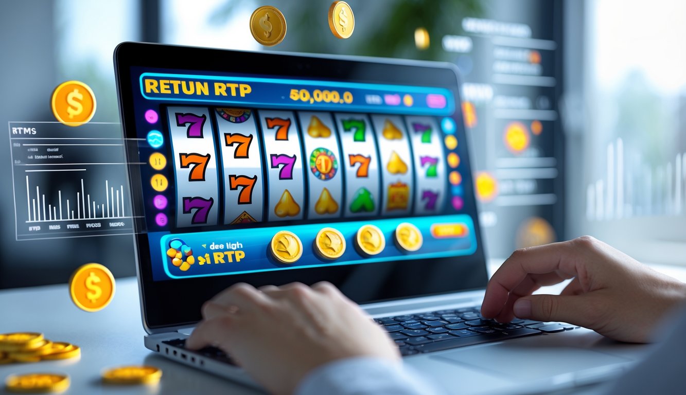 Seseorang menggunakan komputer yang menampilkan permainan slot online dengan grafik berwarna-warni dan elemen data statistik di latar belakang.