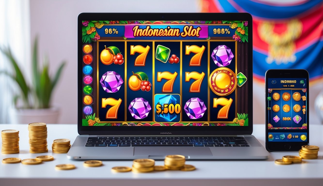 Sebuah komputer dan ponsel menampilkan permainan slot online dengan simbol warna-warni, di meja kerja yang rapi dengan latar belakang elemen budaya Indonesia.