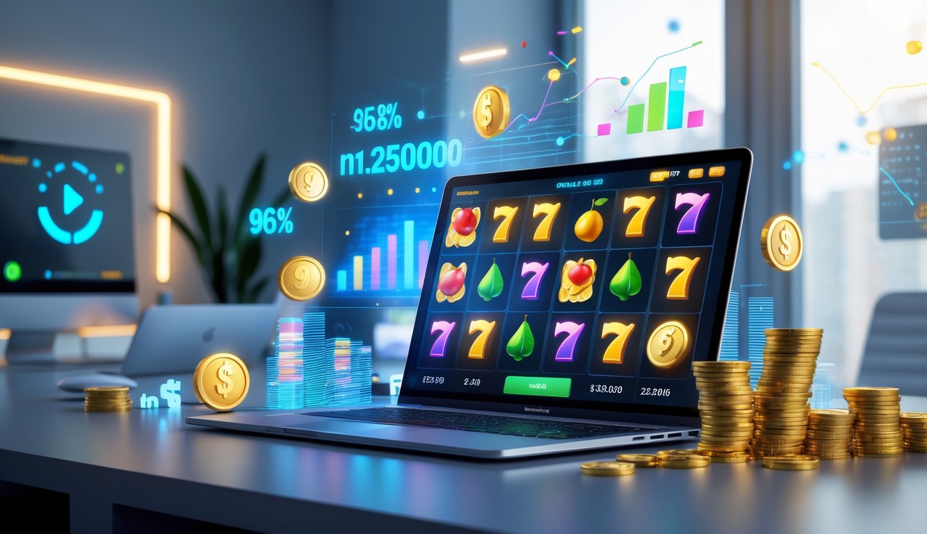 Seorang pengguna bermain game slot online di komputer dengan tampilan grafik warna-warni dan simbol keberuntungan, di lingkungan rumah atau kantor yang rapi.