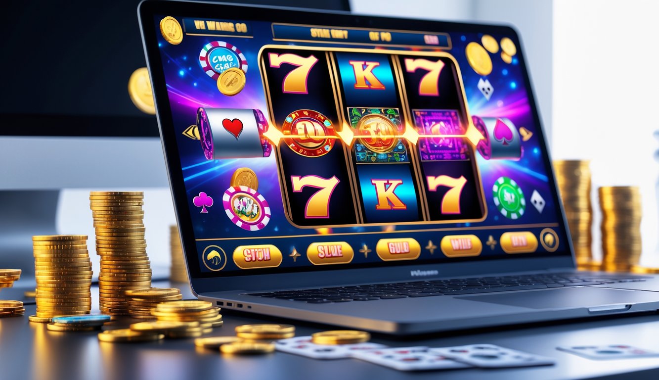 Seorang pengguna bermain game slot online di komputer dengan koin emas dan chip poker di sekitar meja.