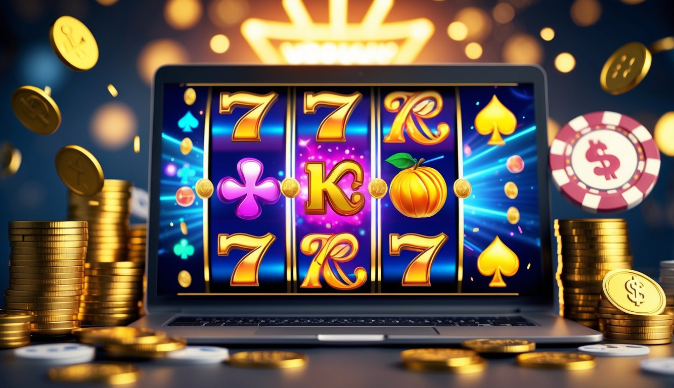 Layar komputer menampilkan permainan slot online dengan gulungan berwarna-warni dan tumpukan koin emas di sekitarnya.