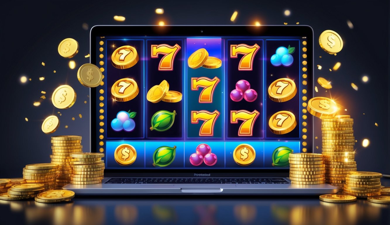 Seorang pengguna komputer dengan layar menampilkan permainan slot online berwarna-warni dan tumpukan koin emas serta chip kasino di sekitarnya.