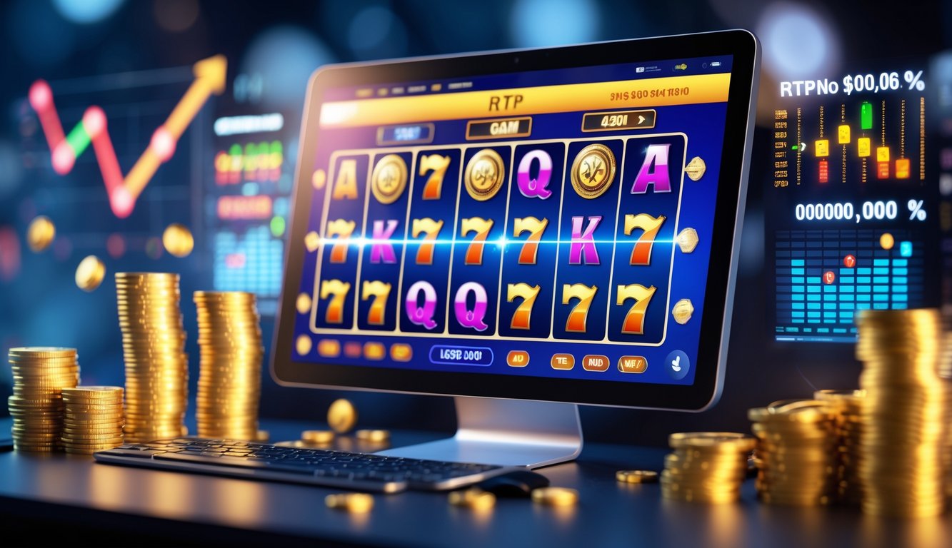 Sebuah layar komputer menampilkan permainan slot online dengan simbol yang berputar, dikelilingi oleh tumpukan koin emas dan chip kasino.