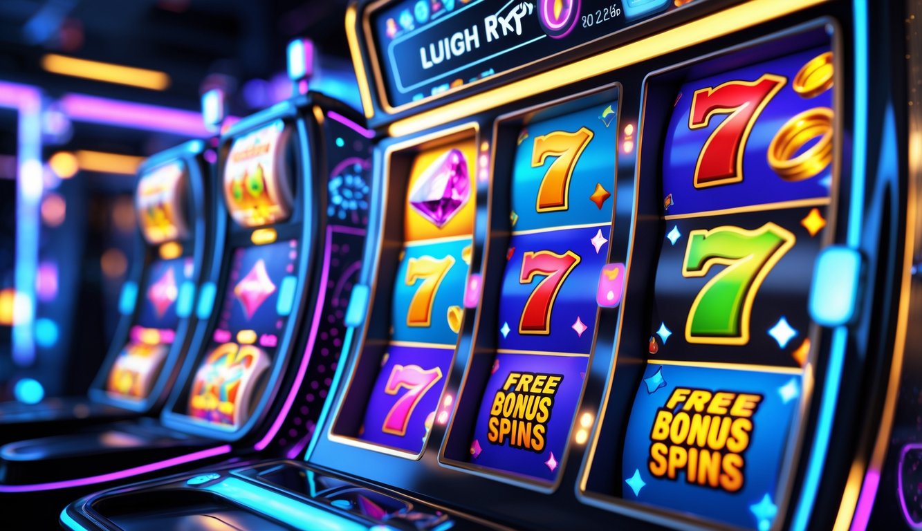 Tampilan layar permainan slot online dengan gulungan berwarna-warni dan simbol keberuntungan yang berputar di latar belakang futuristik.