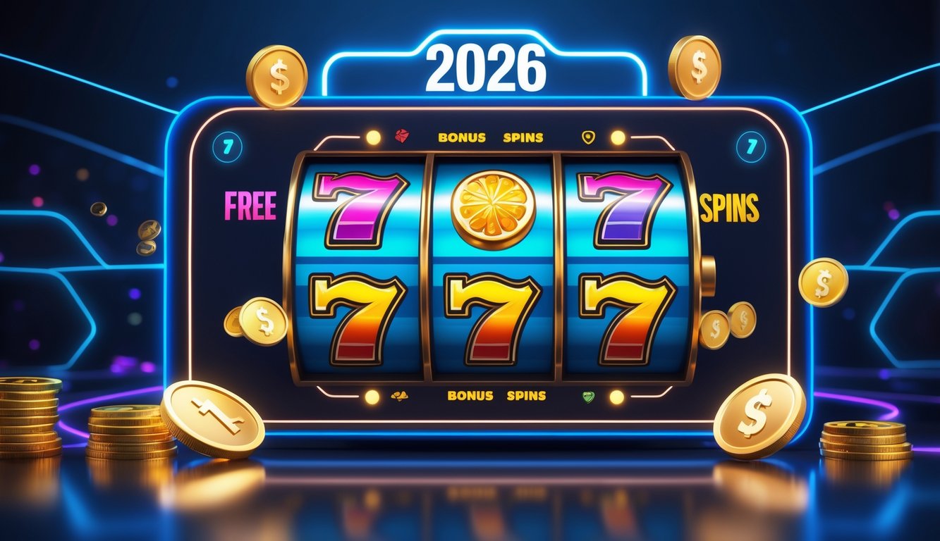Tampilan mesin slot online dengan simbol warna-warni dan ikon bonus putaran gratis di layar digital.