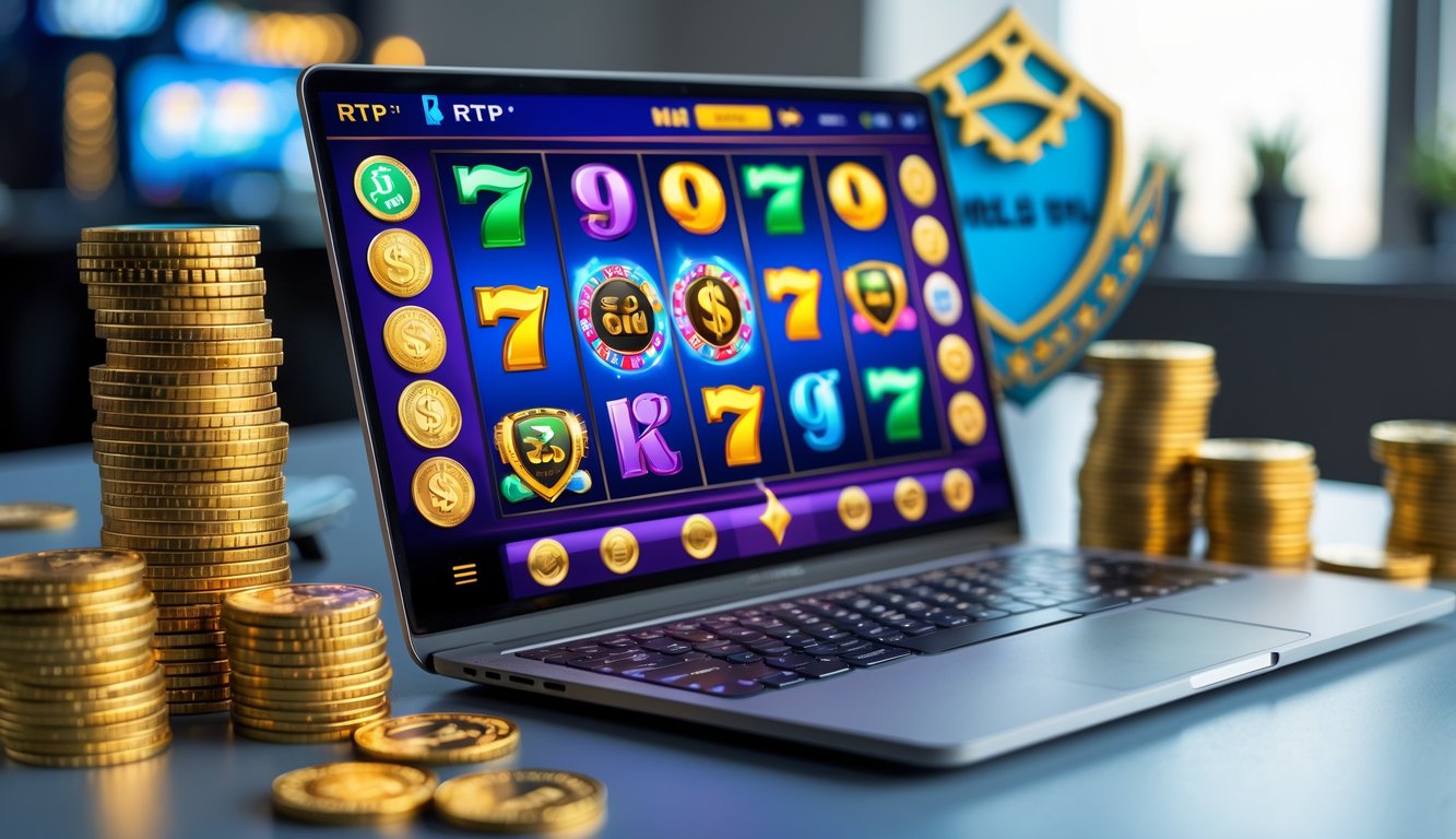 Seorang pengguna duduk di depan komputer yang menampilkan permainan slot online dengan simbol mesin slot dan tumpukan koin di sekitarnya.